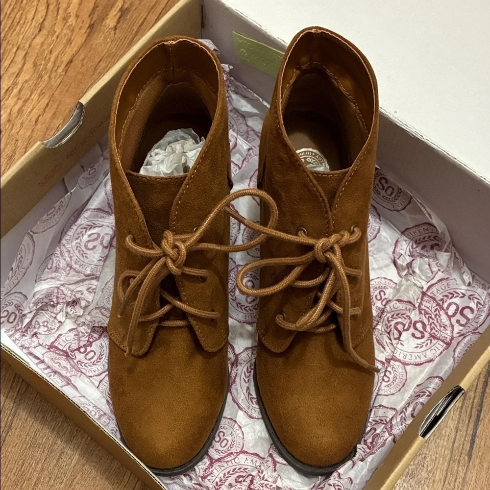 Authentic American Heritage Brown (Cognac) Ankle Boots Faux Suede 3” Wedge Heels